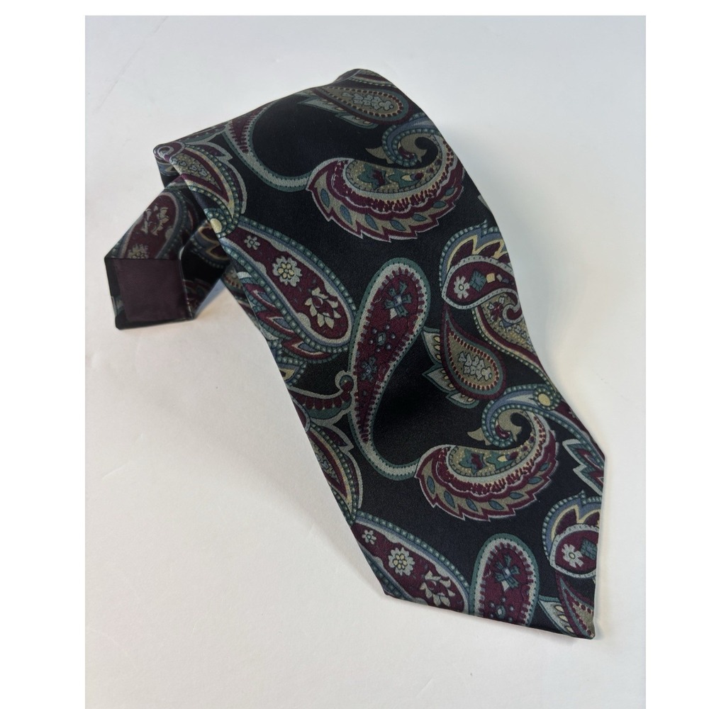 Vintage Bert Pulitzer 100% Silk Paisley Tie Black Burgundy Blue Green Classic